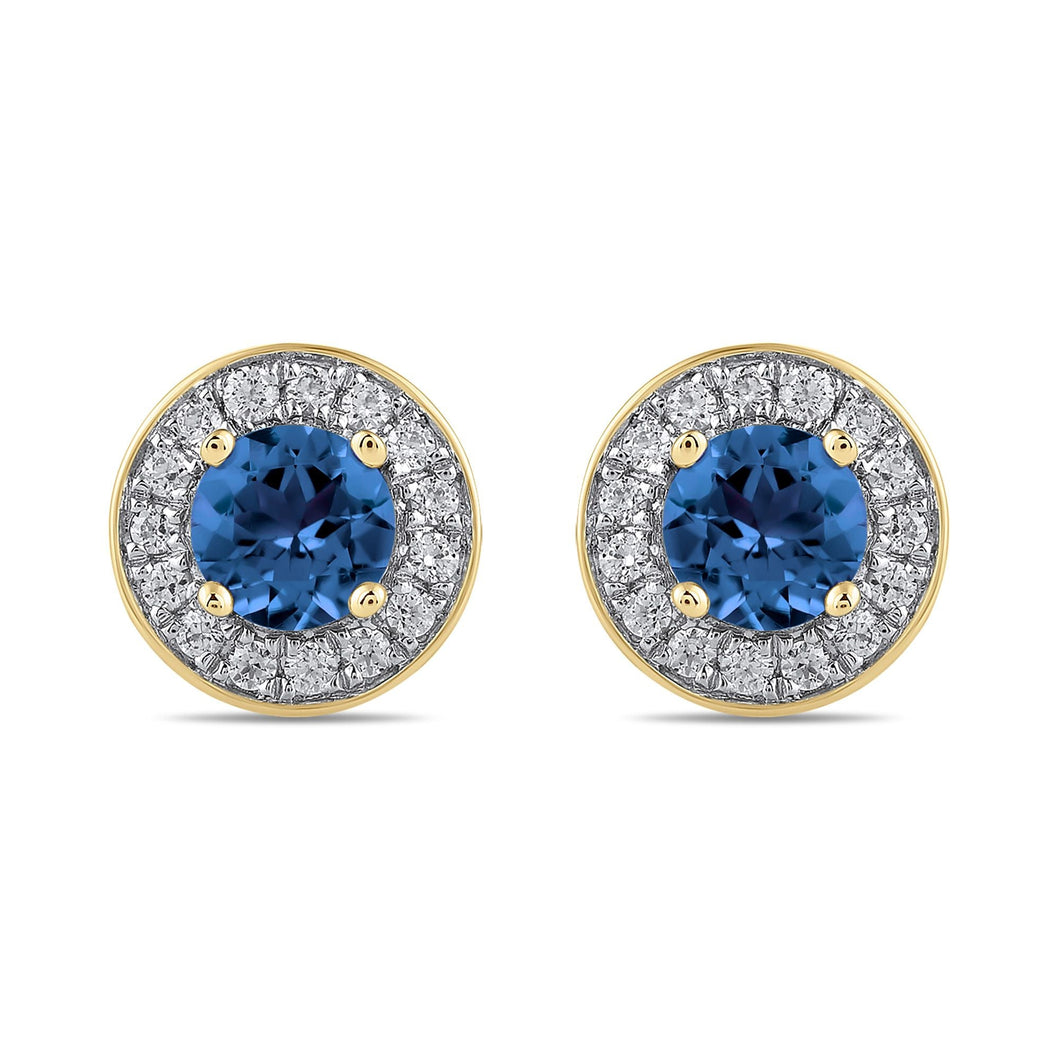 Round Blue Sapphire and 3/8ctw Lab Grown Diamond Yellow Gold Halo Stud Earrings