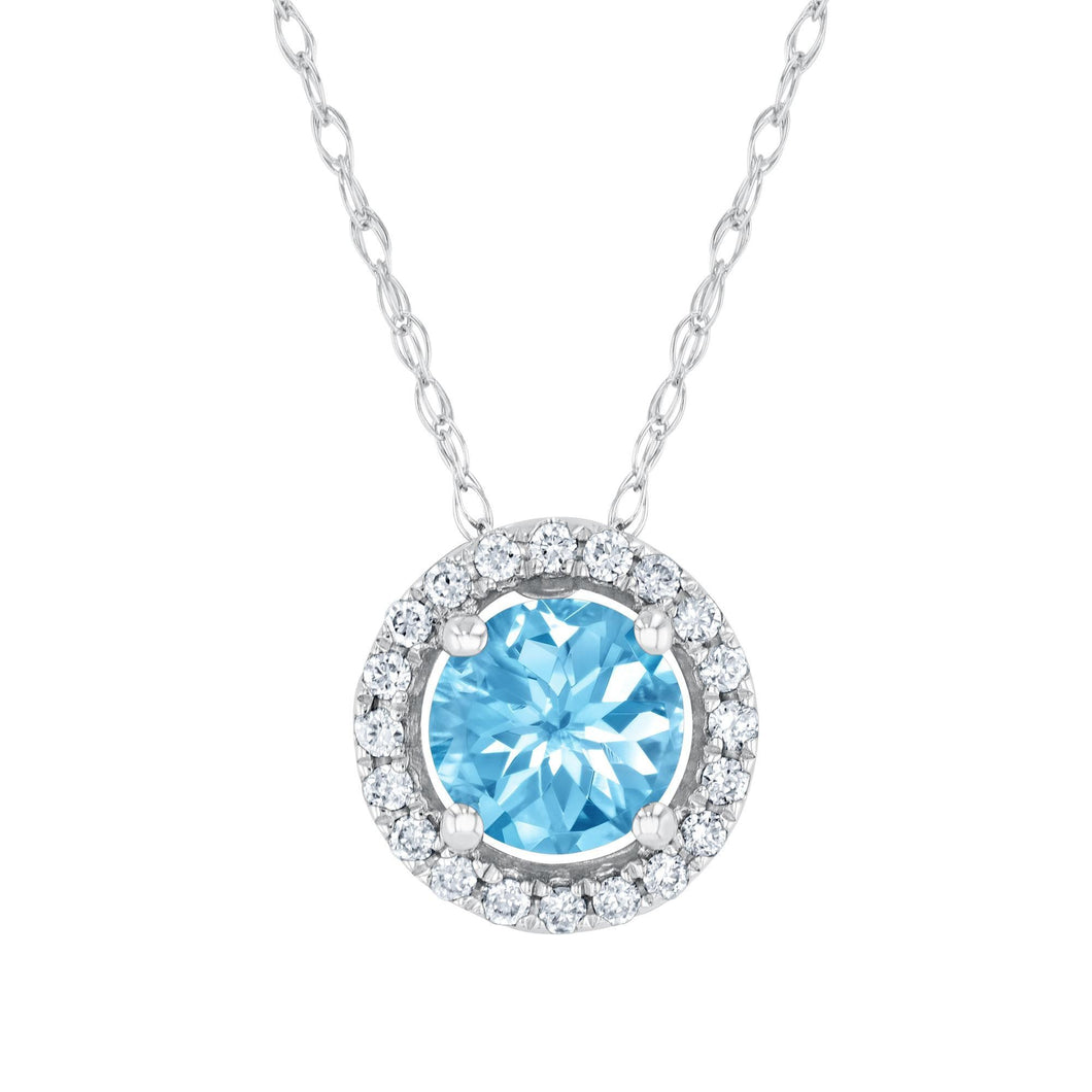 Round Blue Topaz and Diamond Halo White Gold Pendant Necklace - Watercolor Collection
