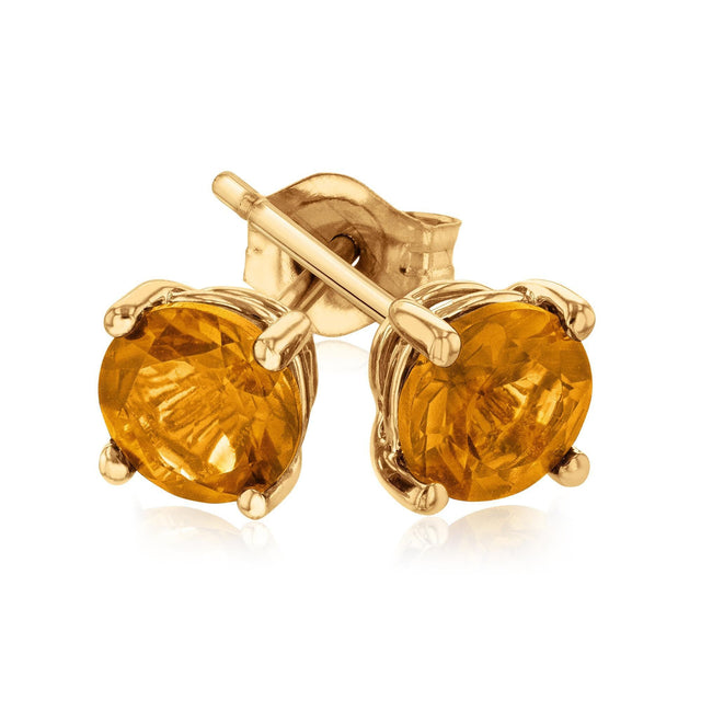 Round Citrine Yellow Gold Solitaire Stud Earrings