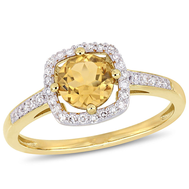 Round Citrine and 1/7ctw Diamond Halo Yellow Gold Ring - Size 5
