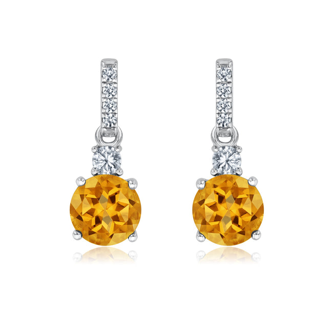 Round Citrine and Created White Sapphire Sterling Silver Drop Earrings