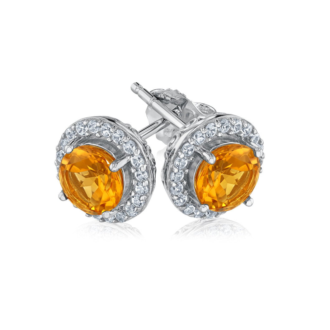 Round Citrine and Created White Sapphire Sterling Silver Earrings