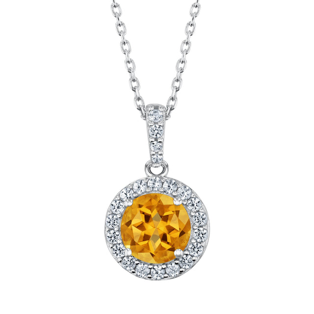 Round Citrine and Created White Sapphire Sterling Silver Pendant Necklace