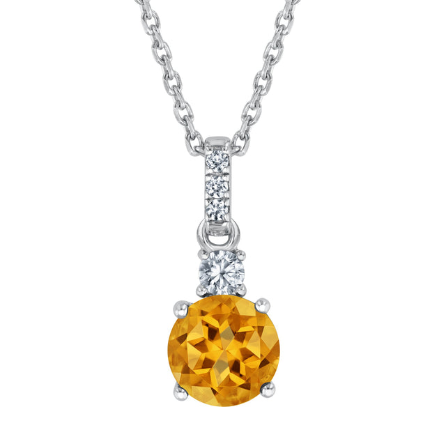 Round Citrine and Created White Sapphire Sterling Silver Pendant Necklace