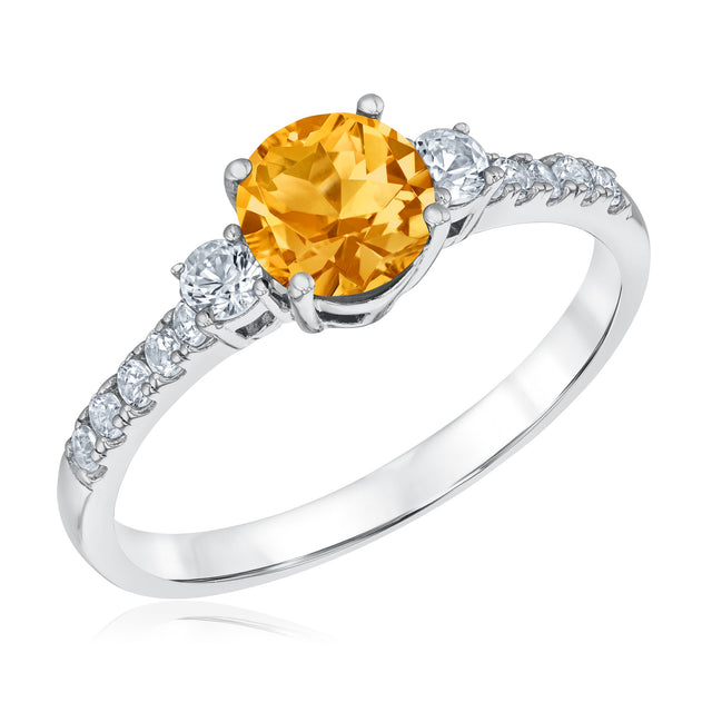 Round Citrine and Created White Sapphire Sterling Silver Ring