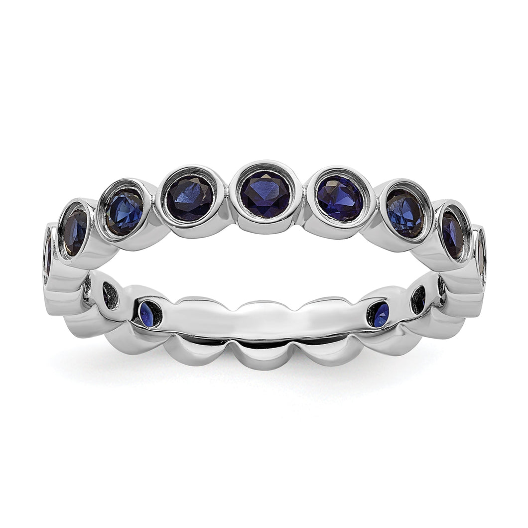 Round Created Blue Sapphire Sterling Silver Stackable Ring - Size 10