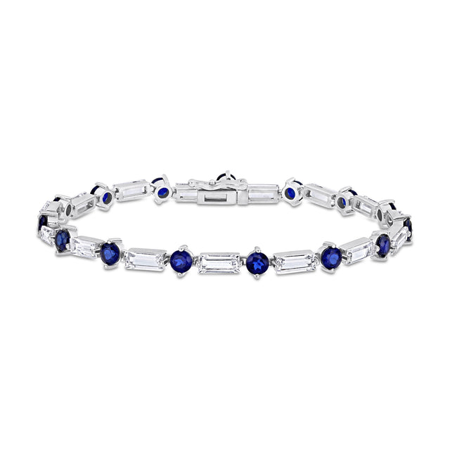 Round Created Blue Sapphire and Baguette Created White Sapphire Sterling Silver Bracelet