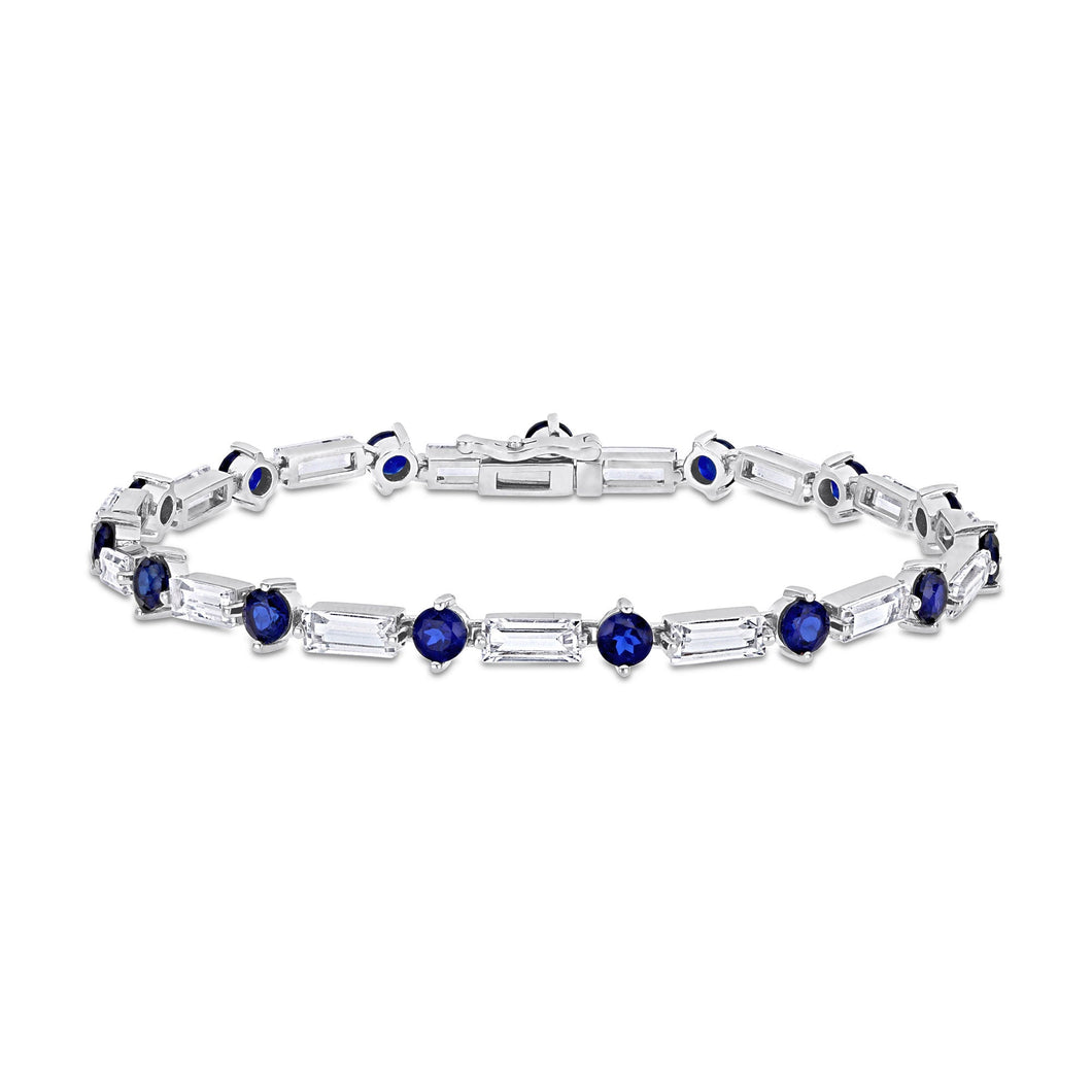 Round Created Blue Sapphire and Baguette Created White Sapphire Sterling Silver Bracelet