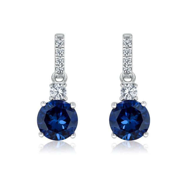 Round Created Blue Sapphire and Created White Sapphire Sterling Silver Drop Earrings