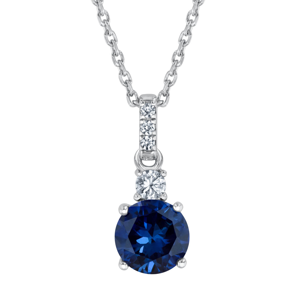 Round Created Blue Sapphire and Created White Sapphire Sterling Silver Pendant Necklace
