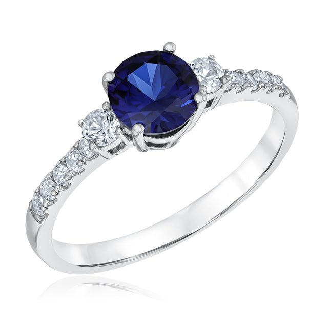 Round Created Blue Sapphire and Created White Sapphire Sterling Silver Ring