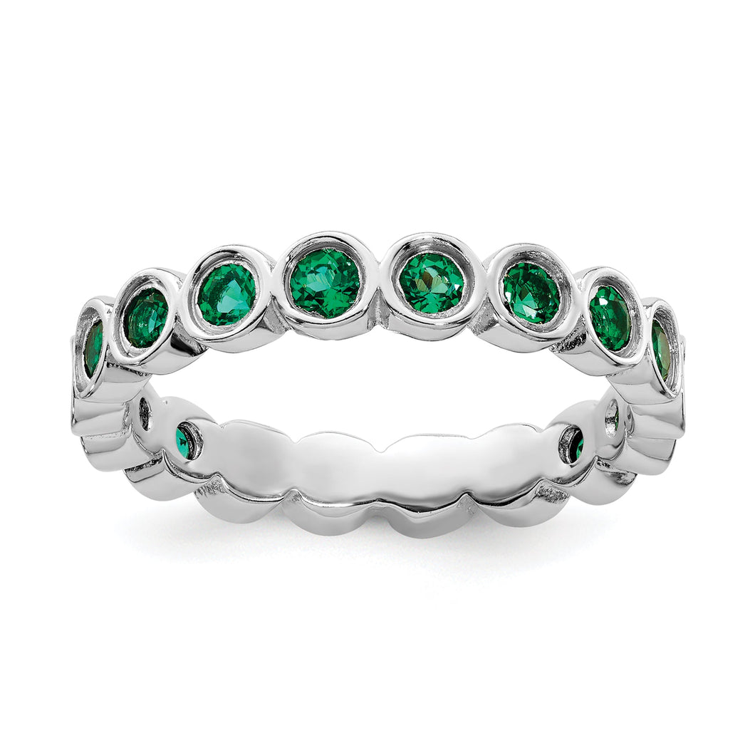 Round Created Emerald Sterling Silver Stackable Ring - Size 10