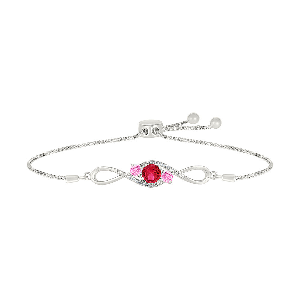 Round Created Ruby, Created Pink Sapphire, and 1/20ctw Diamond Sterling Silver Bolo Bracelet