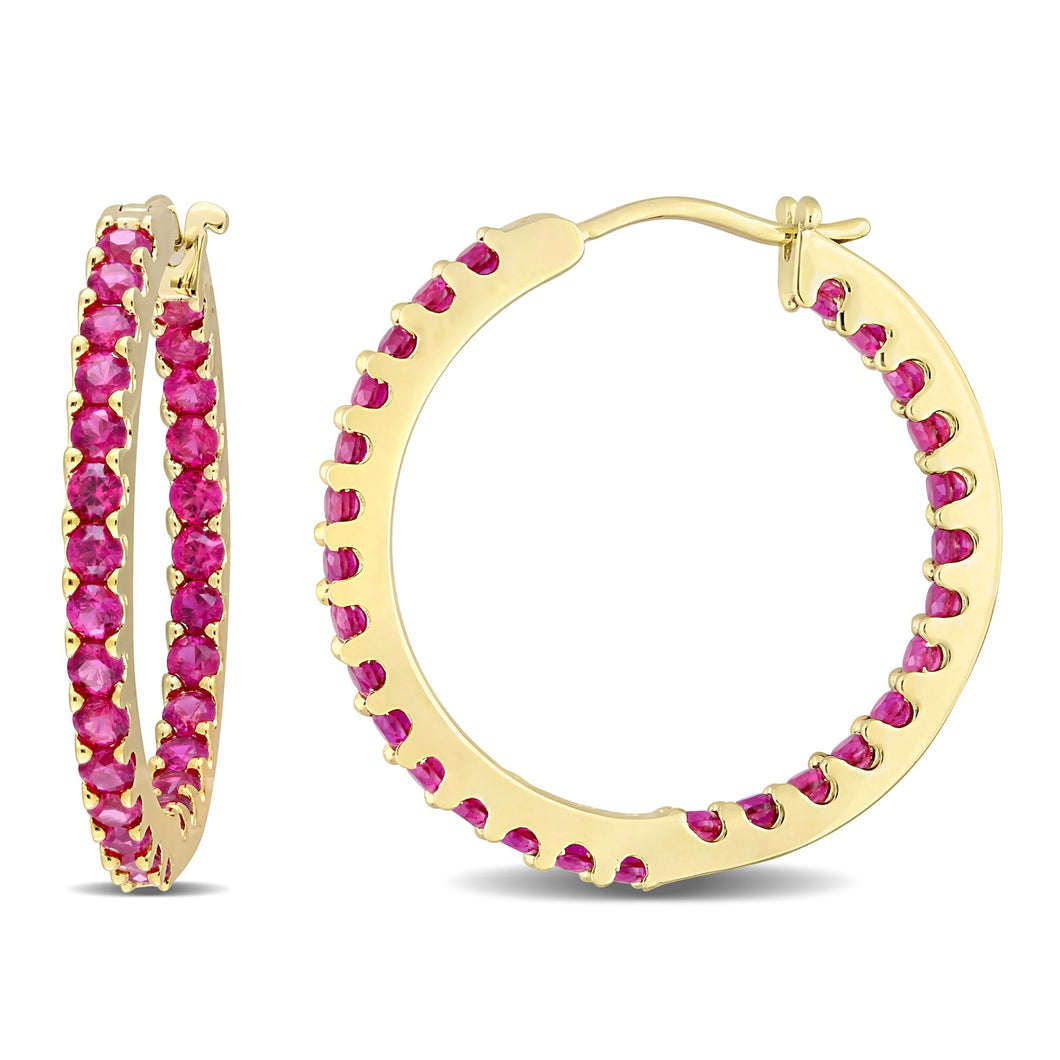 Round Created Ruby Yellow Gold Inside Out Hoop Earrings