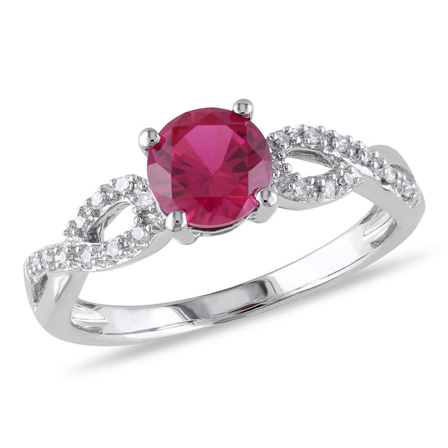 Round Created Ruby and 1/10ctw Diamond White Gold Infinity Fashion Ring - Size 5