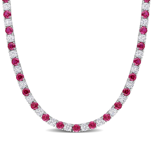 Round Created Ruby and Created White Sapphire Sterling Silver Tennis Necklace