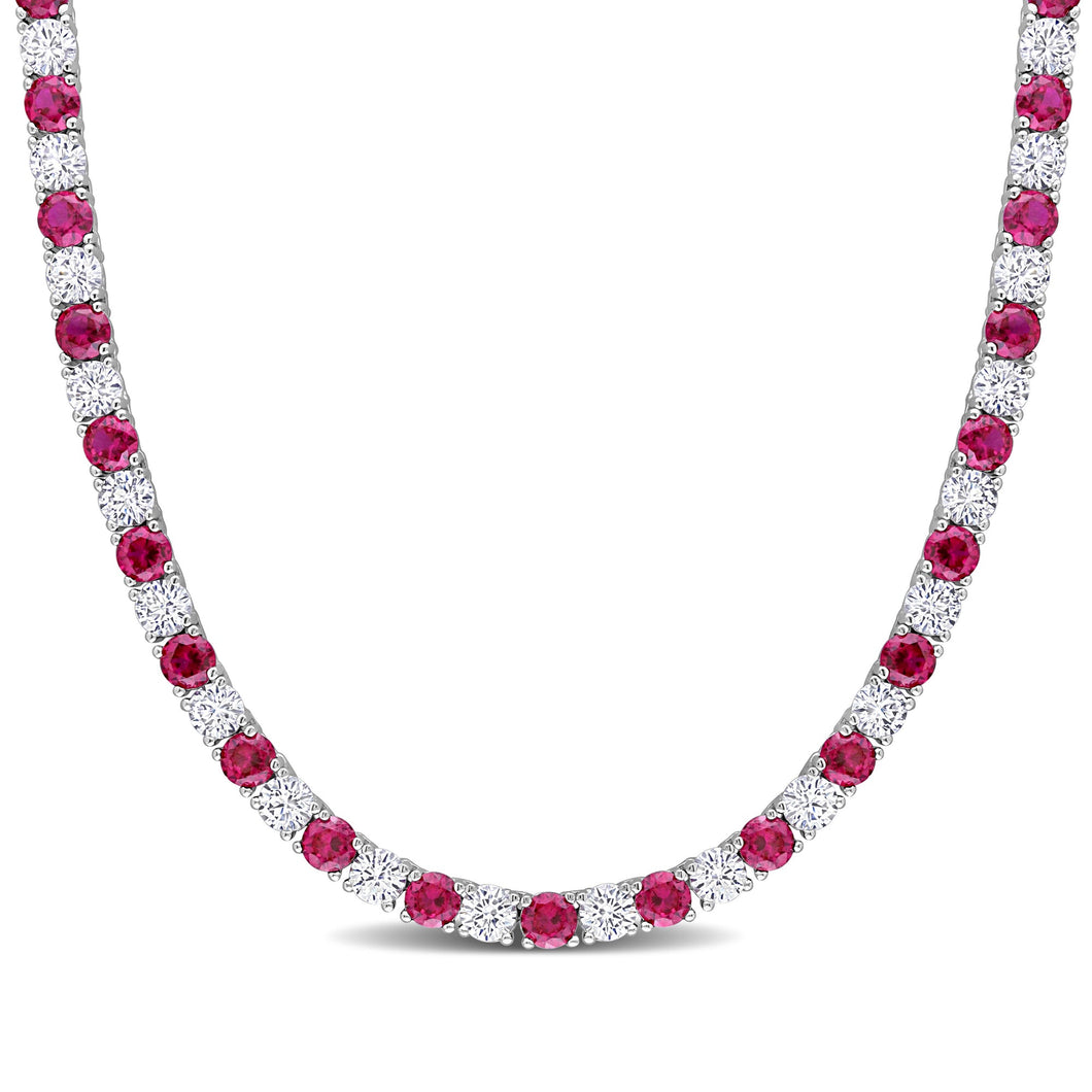 Round Created Ruby and Created White Sapphire Sterling Silver Tennis Necklace