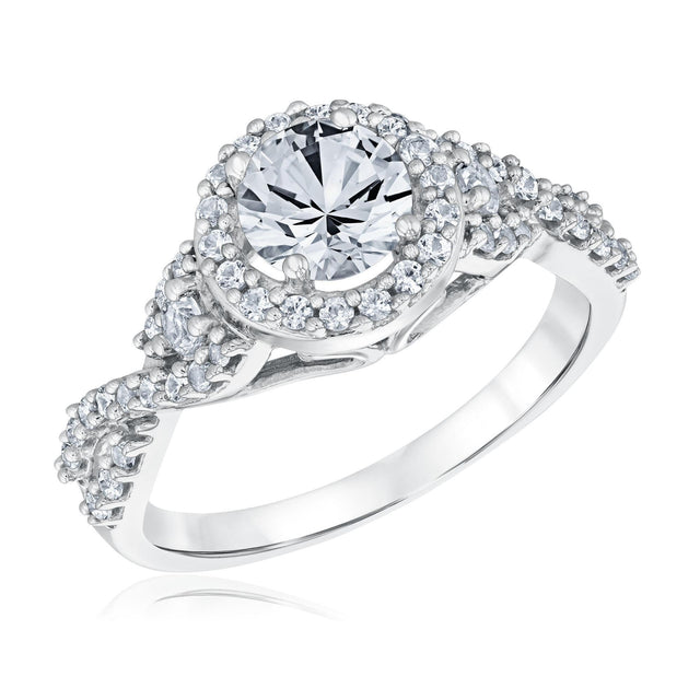 Round Created White Sapphire Halo Twist Sterling Silver Ring