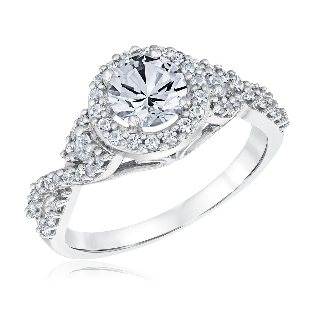 Round Created White Sapphire Halo Twist Sterling Silver Ring