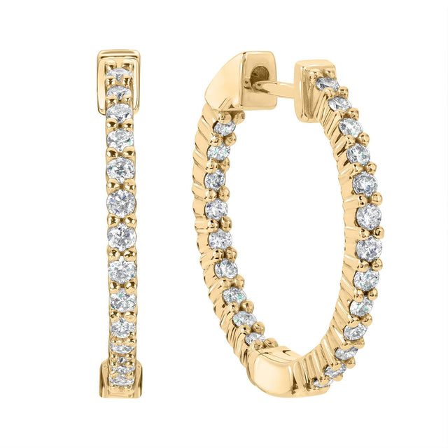 Round Diamond Inside Out Yellow Gold Hoop Earrings 1/2ctw