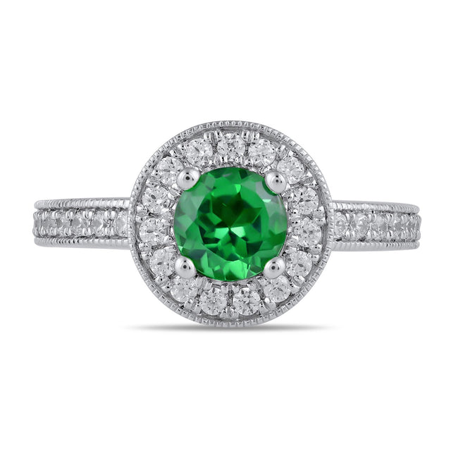 Round Emerald and 3/8ctw Lab Grown Diamond Halo White Gold Ring - Size 9