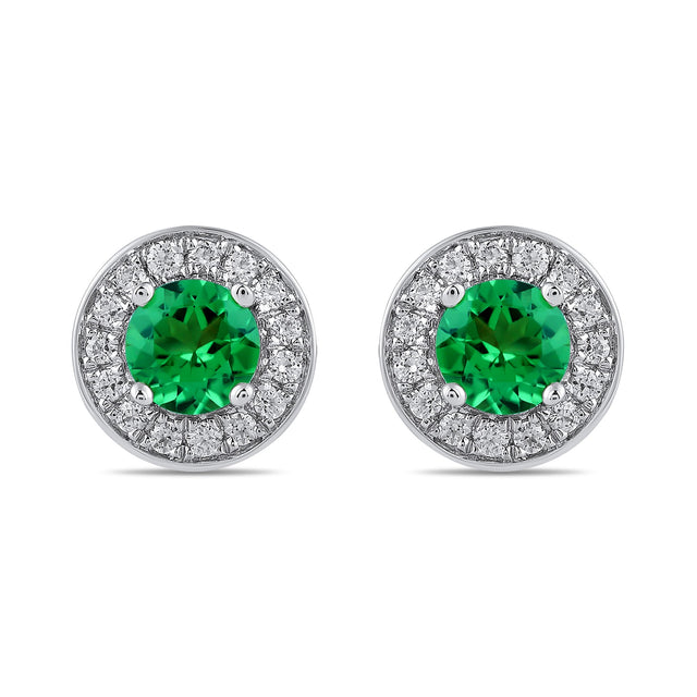 Round Emerald and 3/8ctw Lab Grown Diamond White Gold Halo Stud Earrings