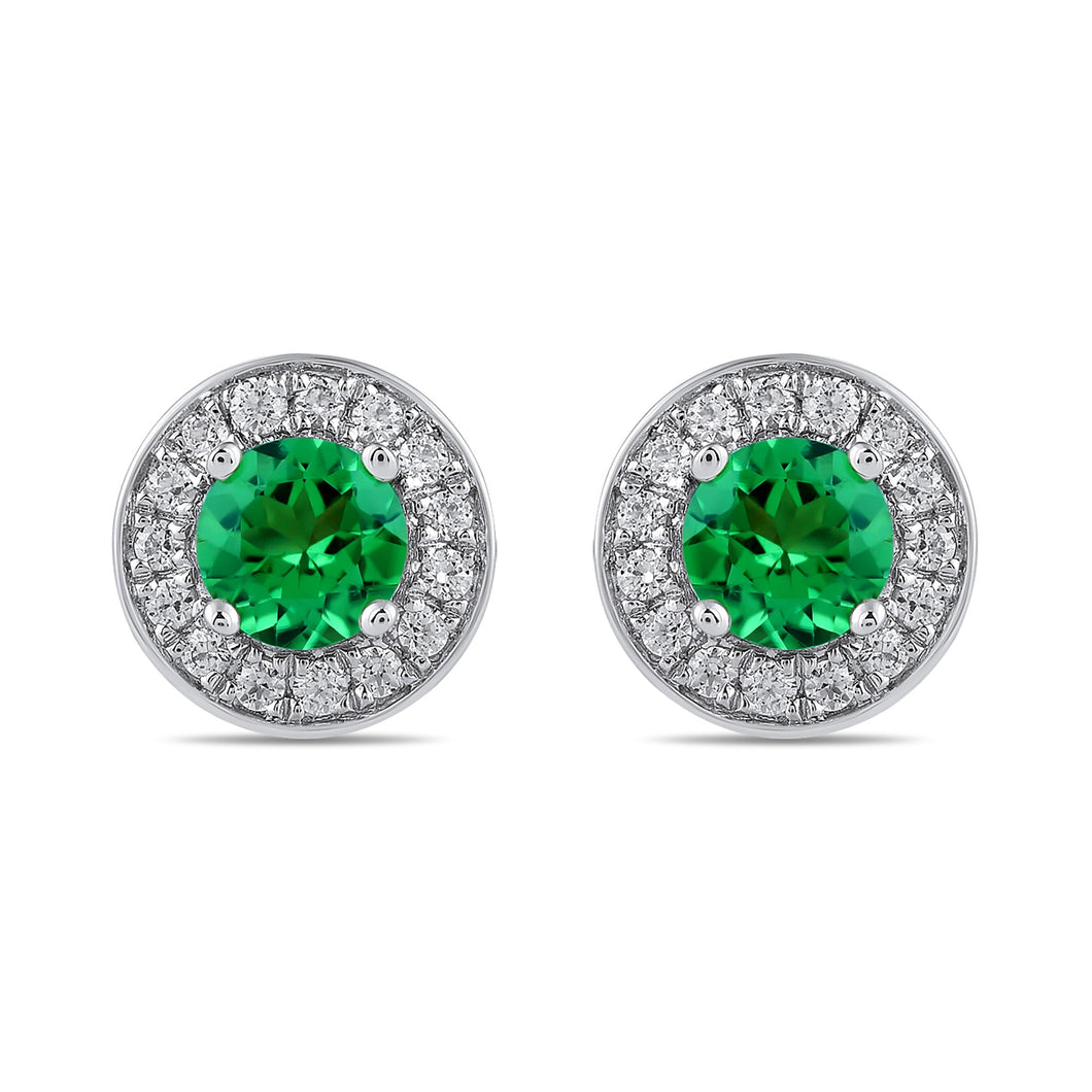 Round Emerald and 3/8ctw Lab Grown Diamond White Gold Halo Stud Earrings