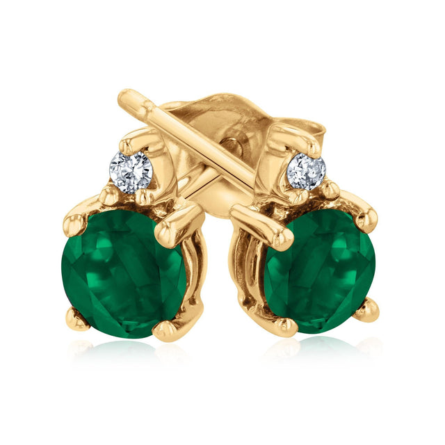 Round Emerald and Diamond Accent Yellow Gold Stud Earrings