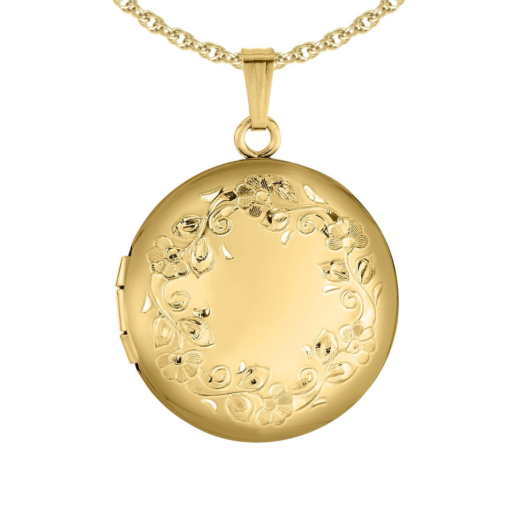 Round Engraved Floral Border Gold Filled Locket Necklace