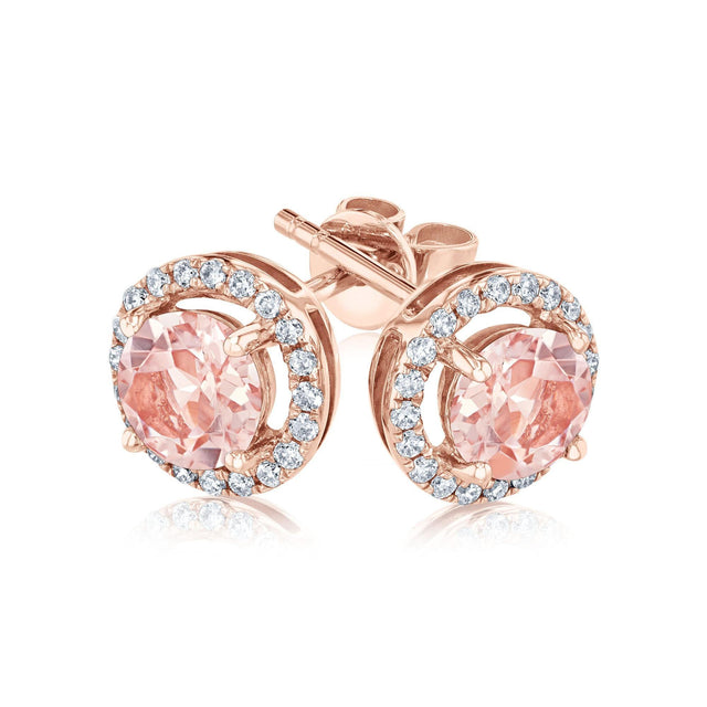 Round Morganite and Diamond Halo Rose Gold Earrings - Watercolor Collection