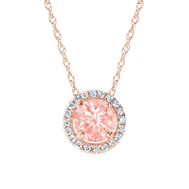 Round Morganite and Diamond Halo Rose Gold Pendant Necklace - Watercolor Collection