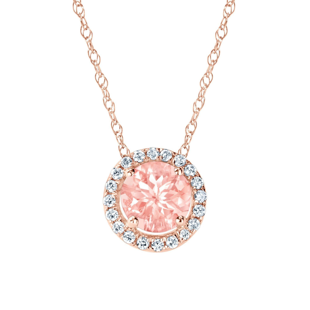 Round Morganite and Diamond Halo Rose Gold Pendant Necklace - Watercolor Collection