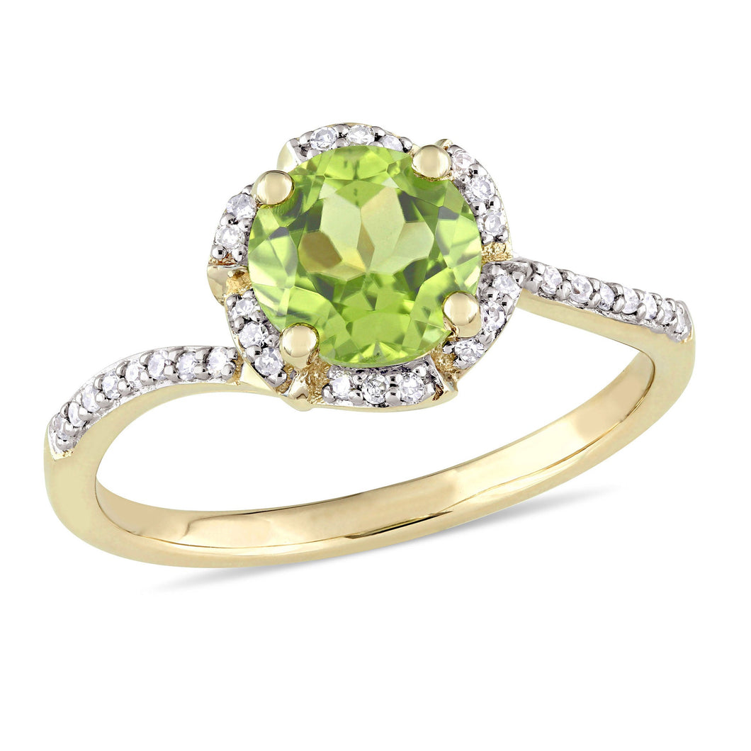 Round Peridot and 1/10ctw Diamond Halo Yellow Gold Ring - Size 5