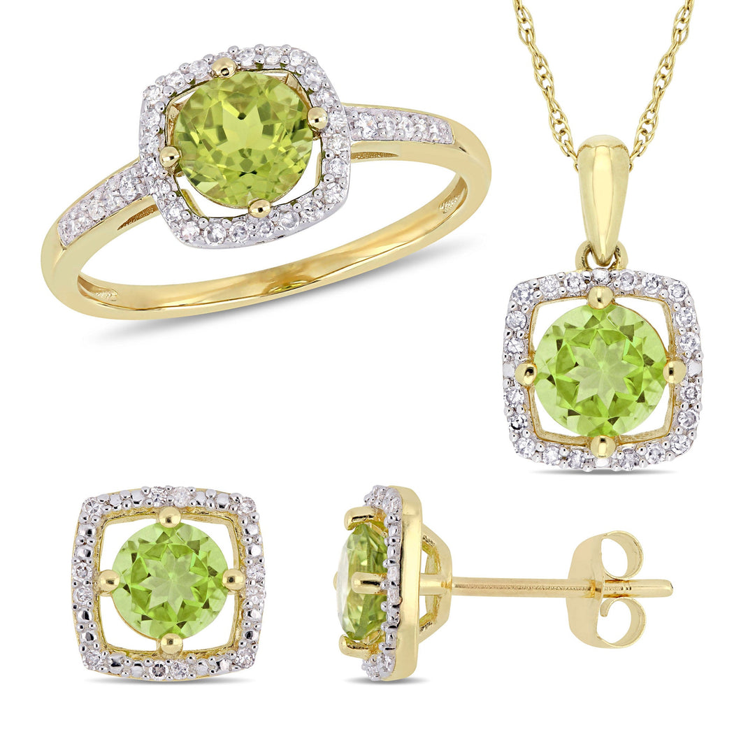 Round Peridot and 1/3ctw Diamond Halo Yellow Gold Ring, Pendant Necklace, and Stud Earrings Set - Size 6
