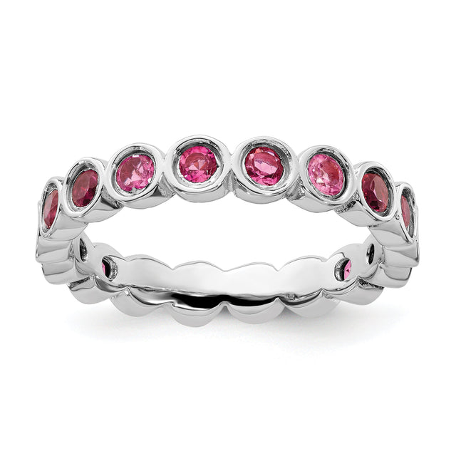 Round Pink Tourmaline Sterling Silver Stackable Ring - Size 10