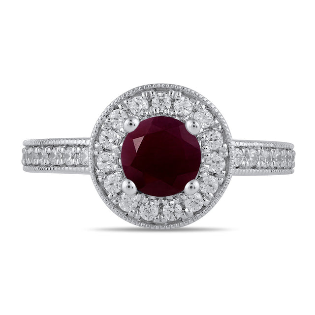 Round Ruby and 3/8ctw Lab Grown Diamond Halo White Gold Ring - Size 5