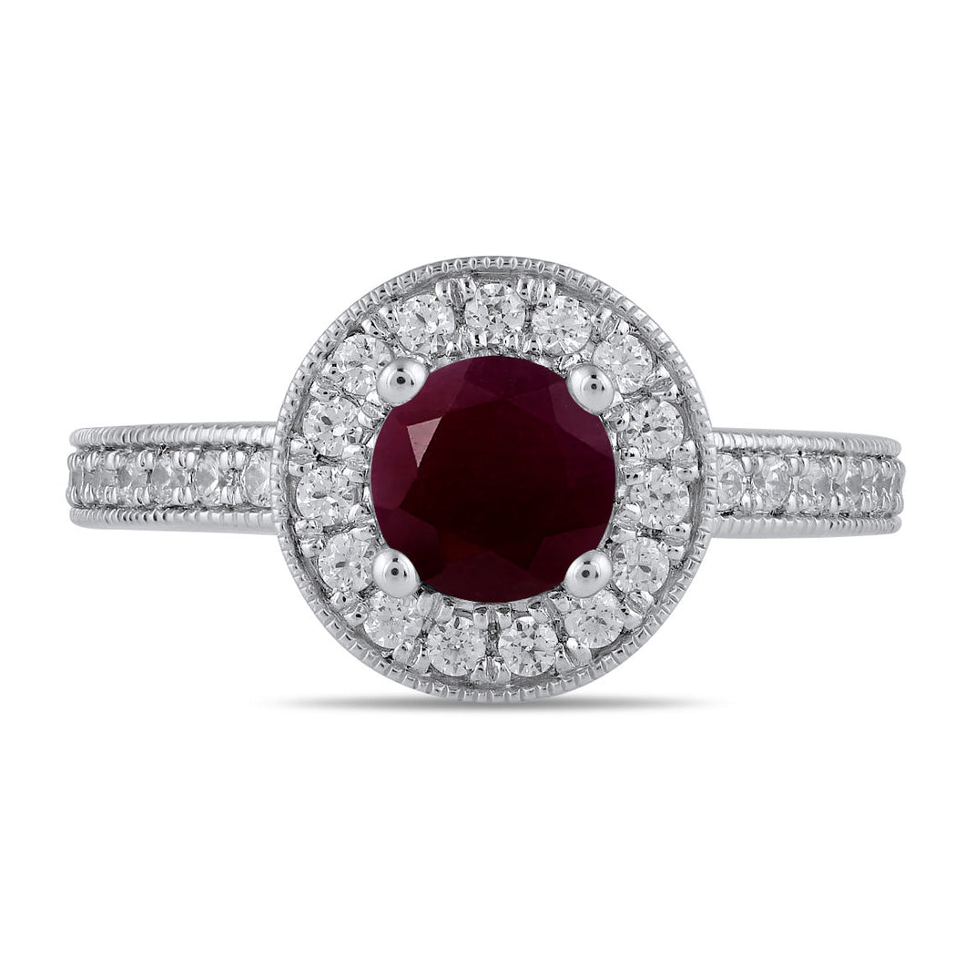 Round Ruby and 3/8ctw Lab Grown Diamond Halo White Gold Ring - Size 5