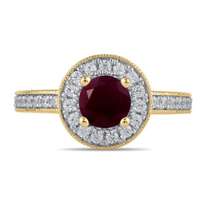 Round Ruby and 3/8ctw Lab Grown Diamond Halo Yellow Gold Ring