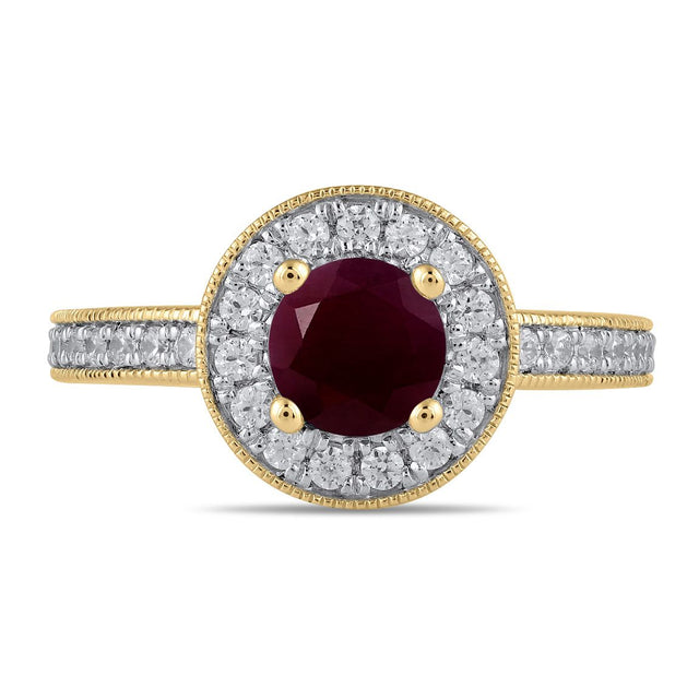 Round Ruby and 3/8ctw Lab Grown Diamond Halo Yellow Gold Ring