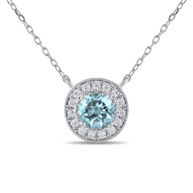 Round Swiss Blue Topaz and 1/5ctw Lab Grown Diamond Halo White Gold Necklace