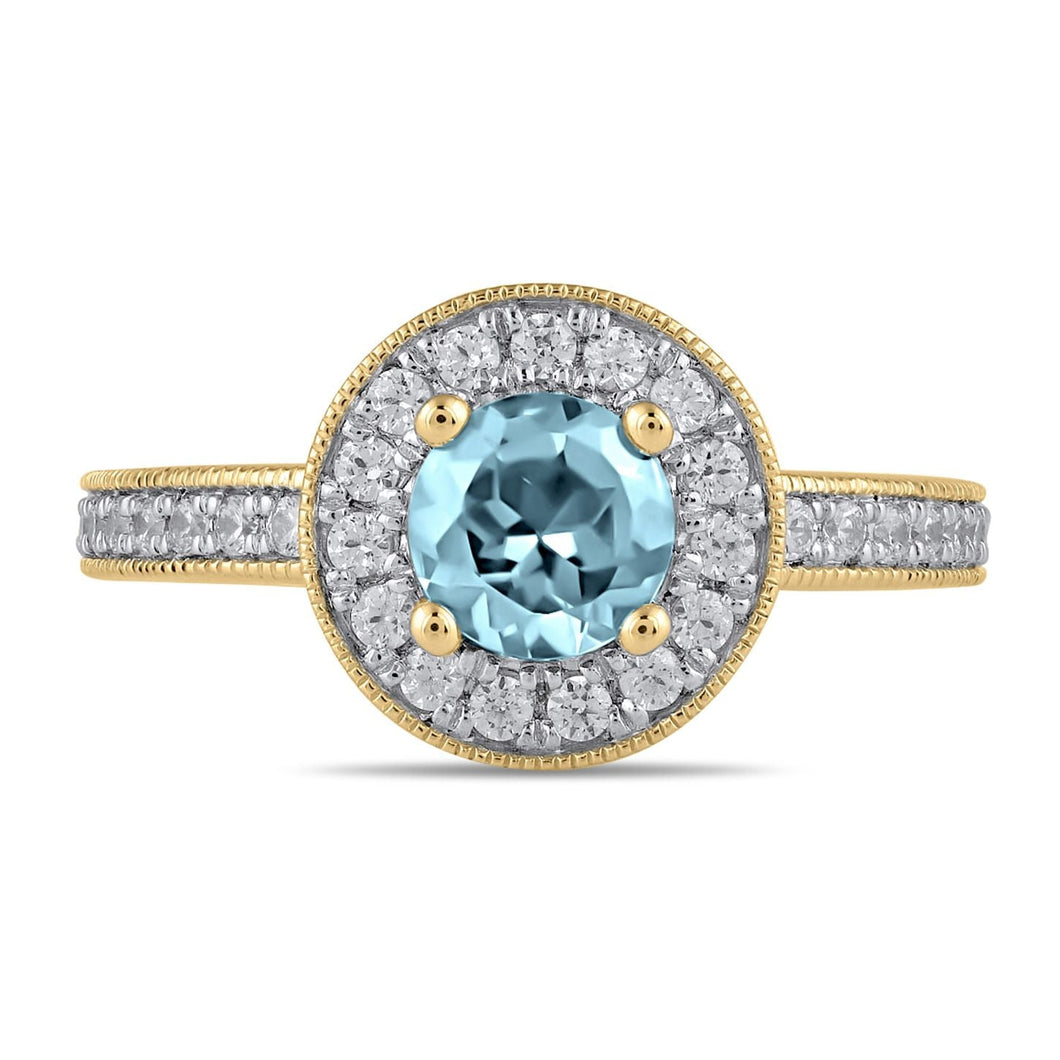 Round Swiss Blue Topaz and 3/8ctw Lab Grown Diamond Halo Yellow Gold Ring