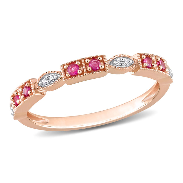 Ruby and 1/20ctw Diamond Vintage-Inspired Rose Gold Stackable Ring | Size 6