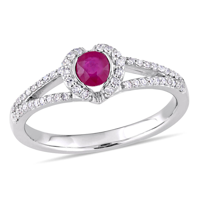Ruby and 1/5ctw Diamond White Gold Halo Ring - Size 5