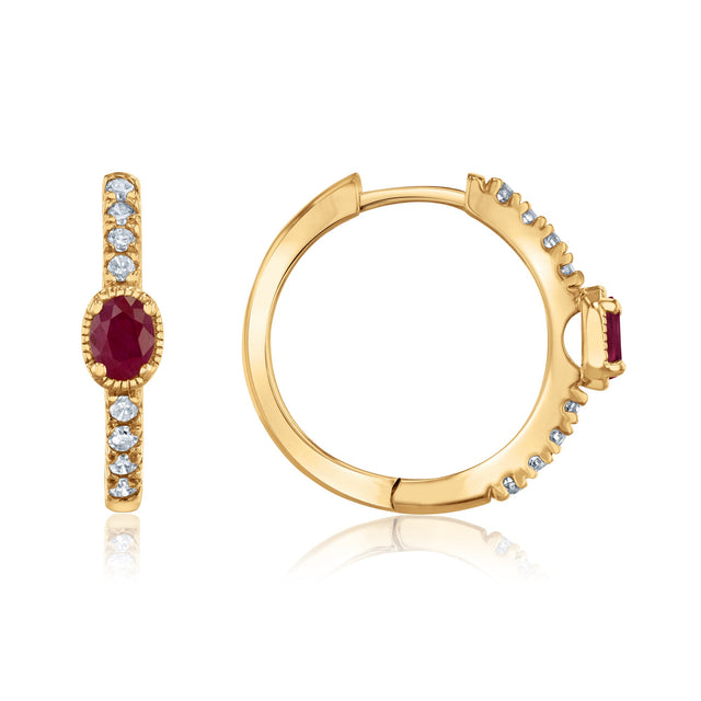 Ruby and 1/6ctw Diamond Yellow Gold Huggie Hoop Earrings