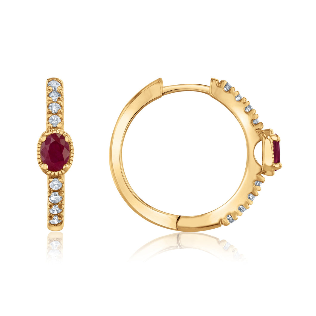 Ruby and 1/6ctw Diamond Yellow Gold Huggie Hoop Earrings