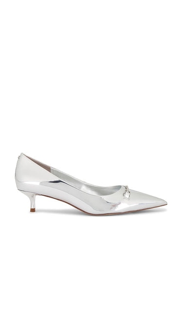 Sam Edelman Kaya Mini Heel in Metallic Silver, grey | Soft Silver Pump Heels for Women