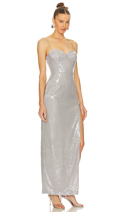 SAU LEE Opal Gown in Metallic Silver
