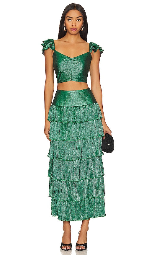 SAYLOR Catt Top & Midi Skirt Set in Green - Ensemble haut et jupe mi-longue SAYLOR Catt en vert - SAYLOR Catt 绿色上衣和中长裙套装 - SAYLOR Catt Top- und Midirock-Set in Grün - SAYLOR Catt 탑 & 미디 스커트 세트 - Set top e gonna midi SAYLOR Catt in verde