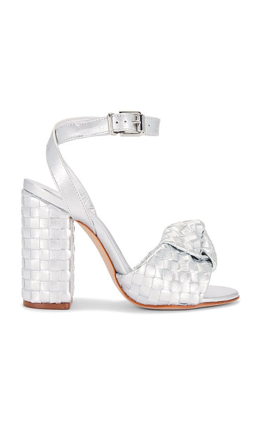 Schutz Kareena Knot Sandal in Metallic Silver | Bali & Tile Heeled Sandals for Women