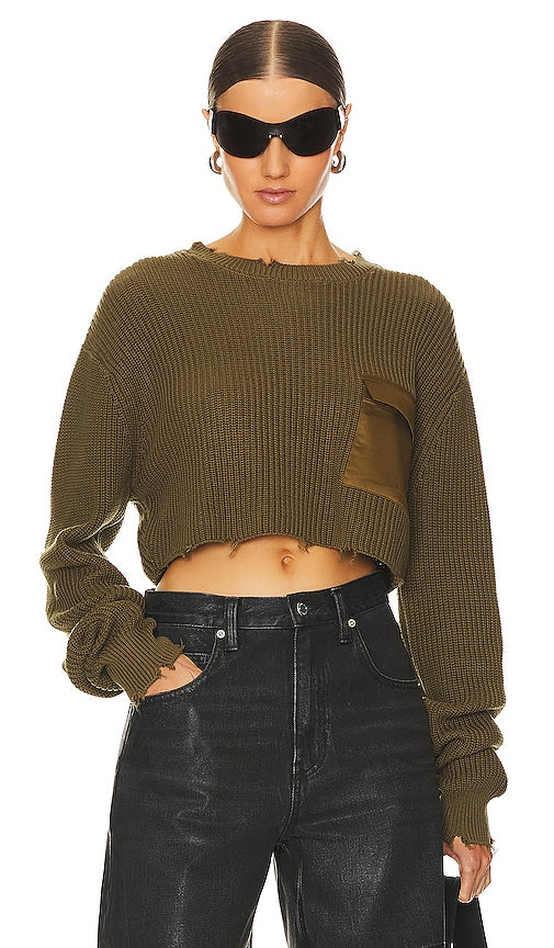SER.O.YA Mid Cropped Devin Sweater in Army - SE.O.YA - Pull Devin mi-court en militaire - SER.O.YA 军色 Devin 中短毛衣 - SER.O.YA Mid-Cropped Devin Pullover in Army - SER.O.YA 미드 크롭 데빈 스웨터 - SER.O.YA Maglione Devin a taglio medio in stile militare